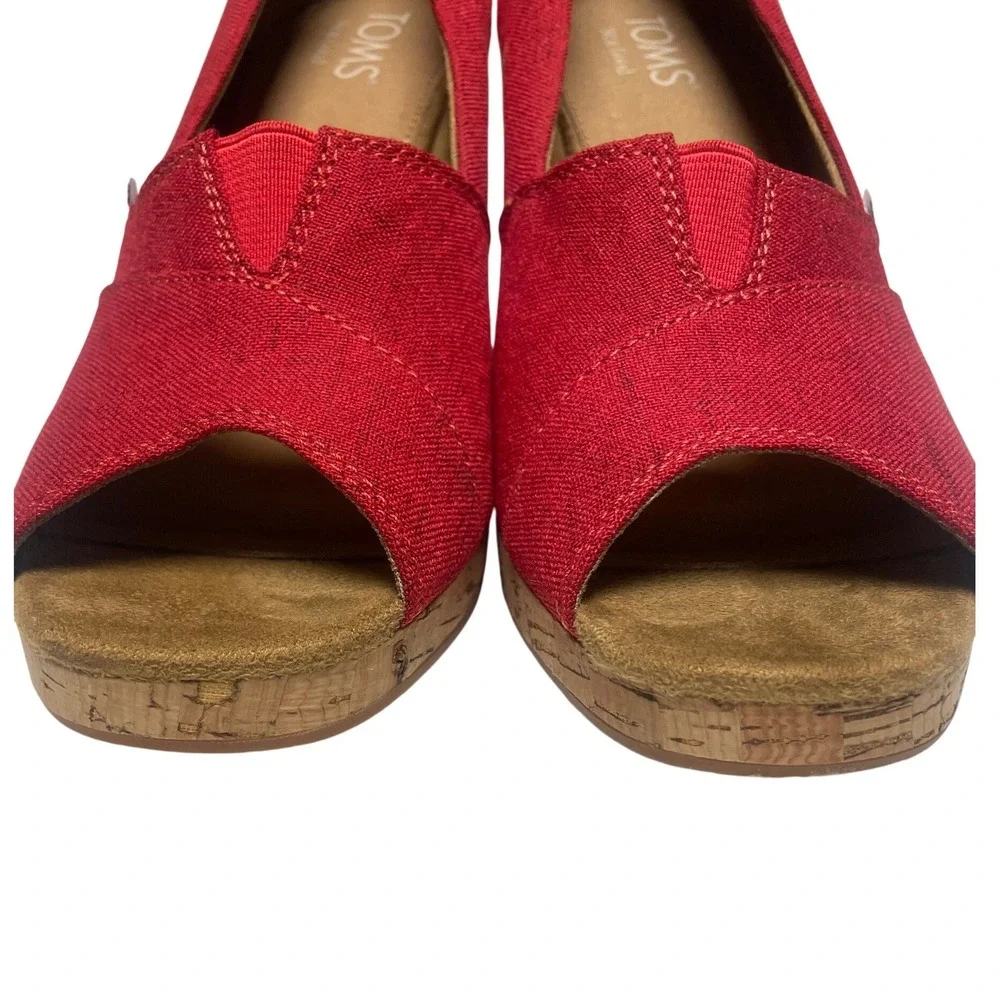 TOMS Classic Canvas Red Open Toe Espadille Cork Wedge Women's 9